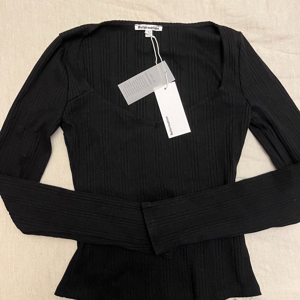Black, never-worn, long-sleeve knit Reformation top